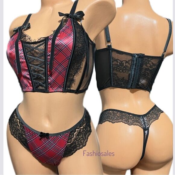 Victorias Secret Dream Angels Satin & lace Corset Bra & Thong Panty Red Plaid M - Picture 4 of 7